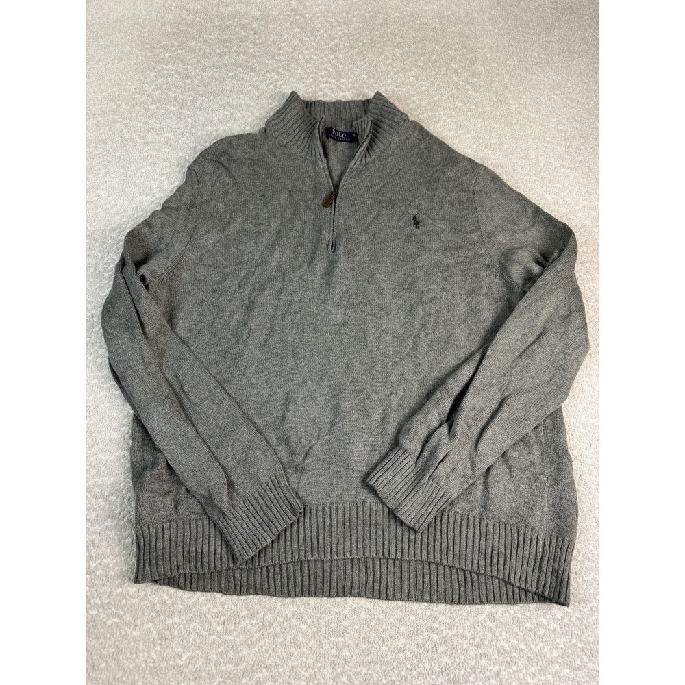 Polo Ralph Lauren Sweater Mens 2XL Gray 100% Cotton Quarter Zip Mock Neck Knit